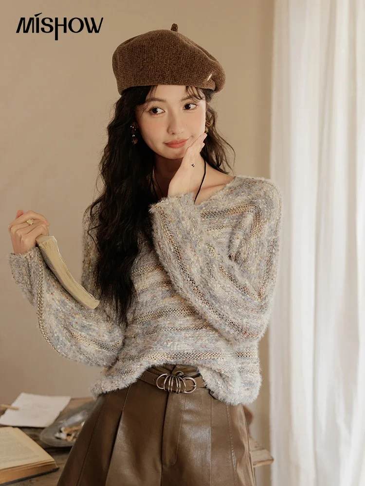 MISHOW Vintage Drop Sleeved Knit Sweater Women Soft Pullover Sweaters 2024 Fall Winter Sweet Stripe Basic Loose Tops MXD41Z0752