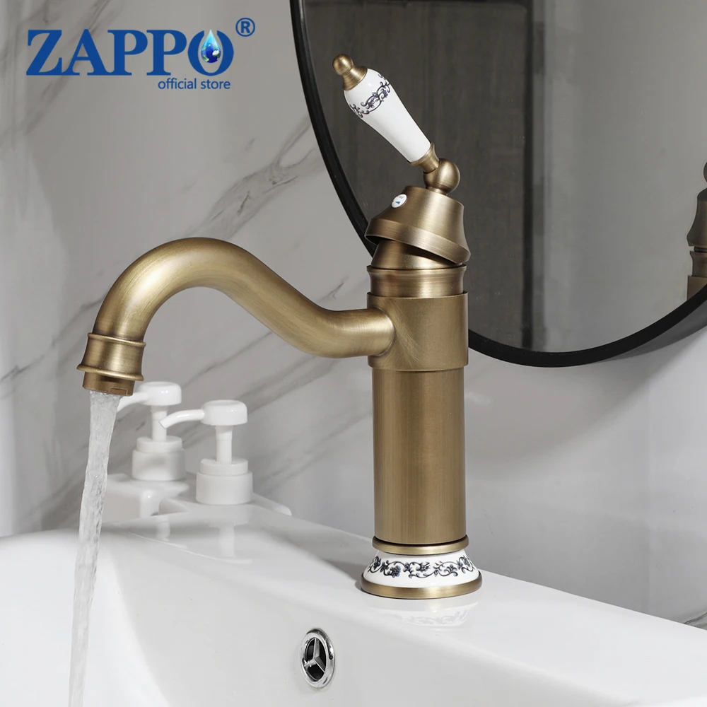 

ZAPPO Bathroom Basin Faucet Antique Brass Ceramic Handle Faucets 360 Swivel Hot and Cold Water Mixer Tap Deck Mounted Brass