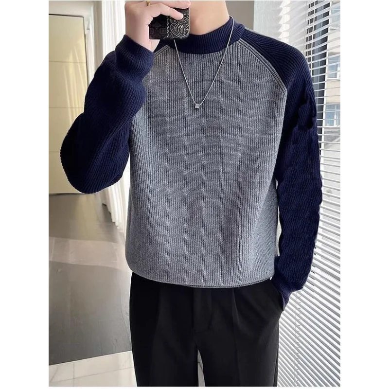 Contrast Color Splicing Crew Neck Sweater Men's Autumn and Winter Korean Style Versatile Sweater Pullover Crew Neck Top