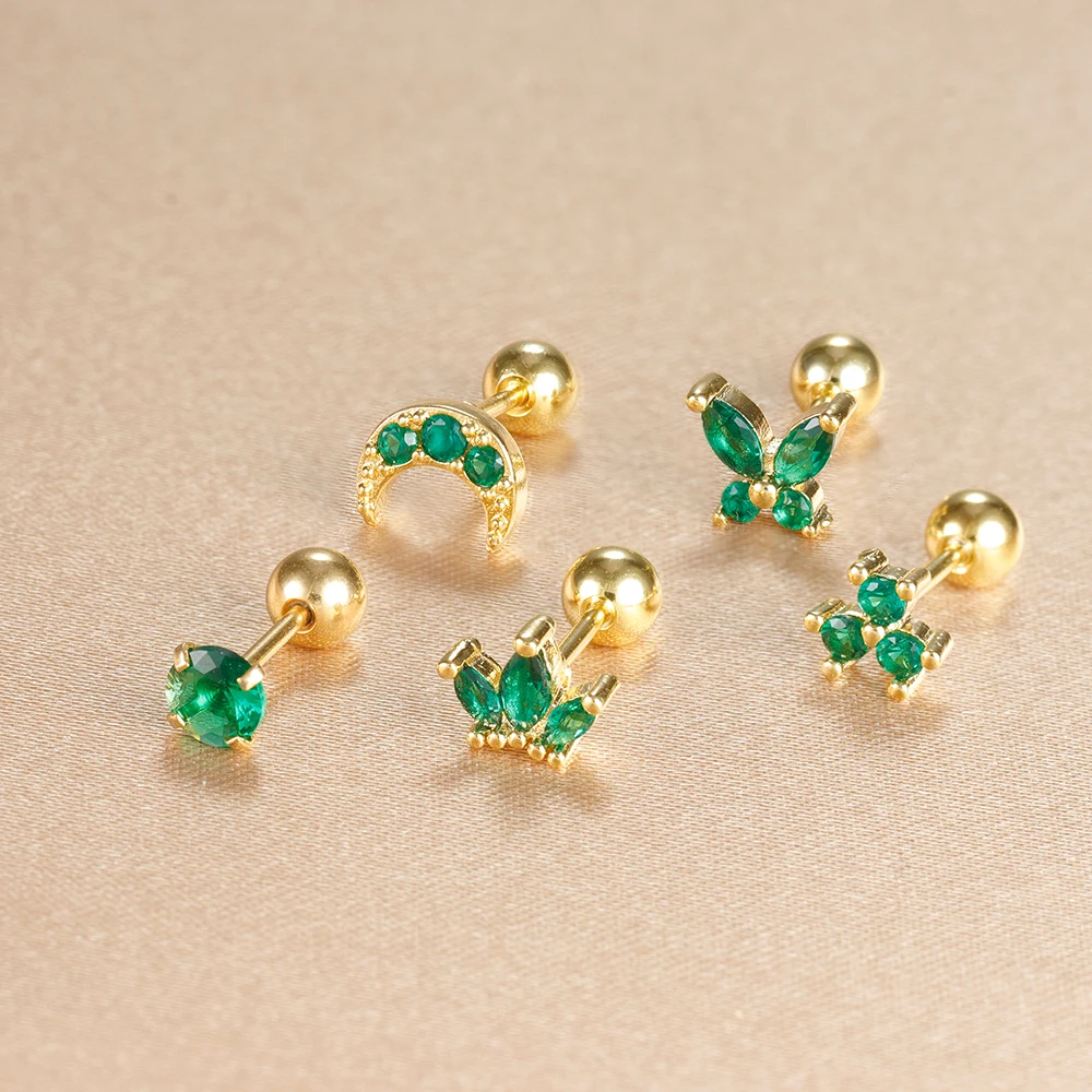 Fashion Green Zircon Stainless Steel Minimal Stud Earrings Small Helix Tragus Cartilage Cross Heart Earring Piercing Jewelry 1pc