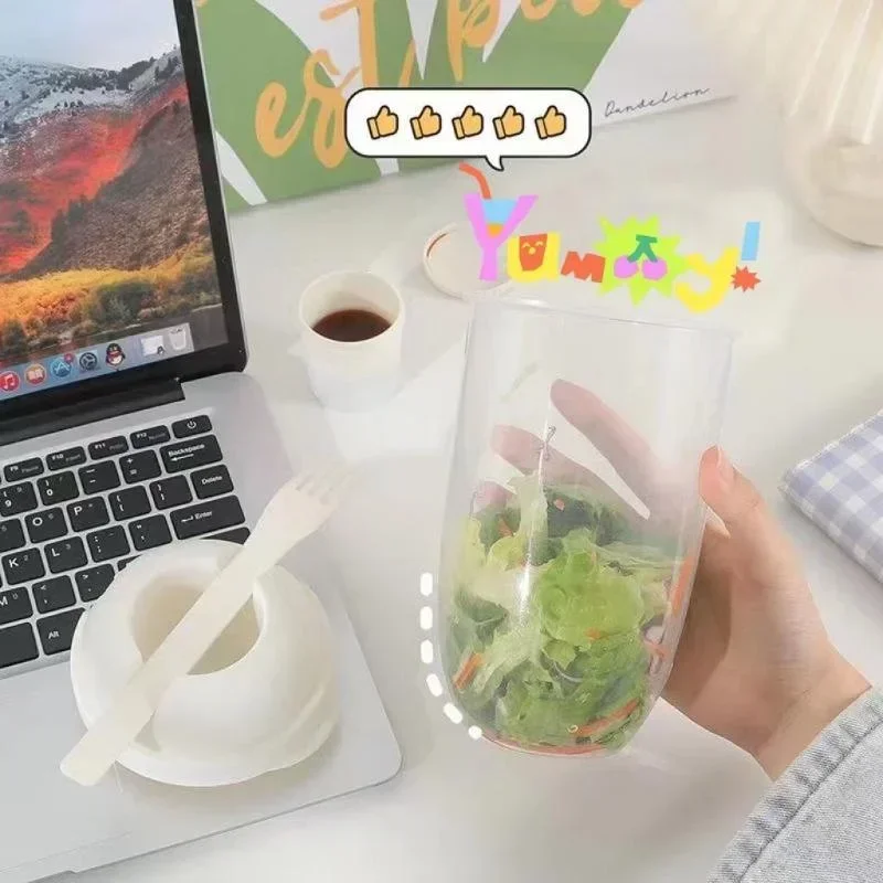 

Portable Minimalist Breakfast Salad Cup with Fork and Lid Multifu Carry Fruit Vegetable Light Food Cup with You When You Go Out