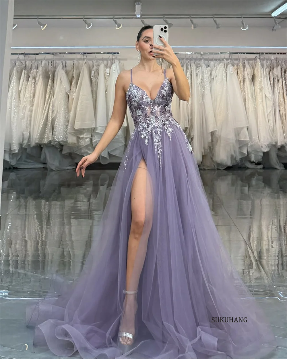 SUKUHANG السباغيتي حزام الأرجواني ألف خط فساتين السهرة تول فساتين حفلة موسيقية يزين حسب الطلب #3