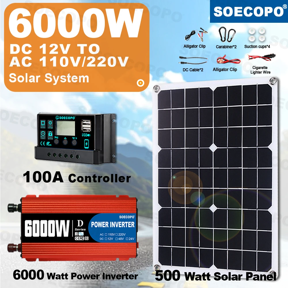 

6000W Portable Solar Power System 500W Panel 100A Controller Car Clips Carabiners 110V/ 220V Inverter for Home/RV/Camping Backup