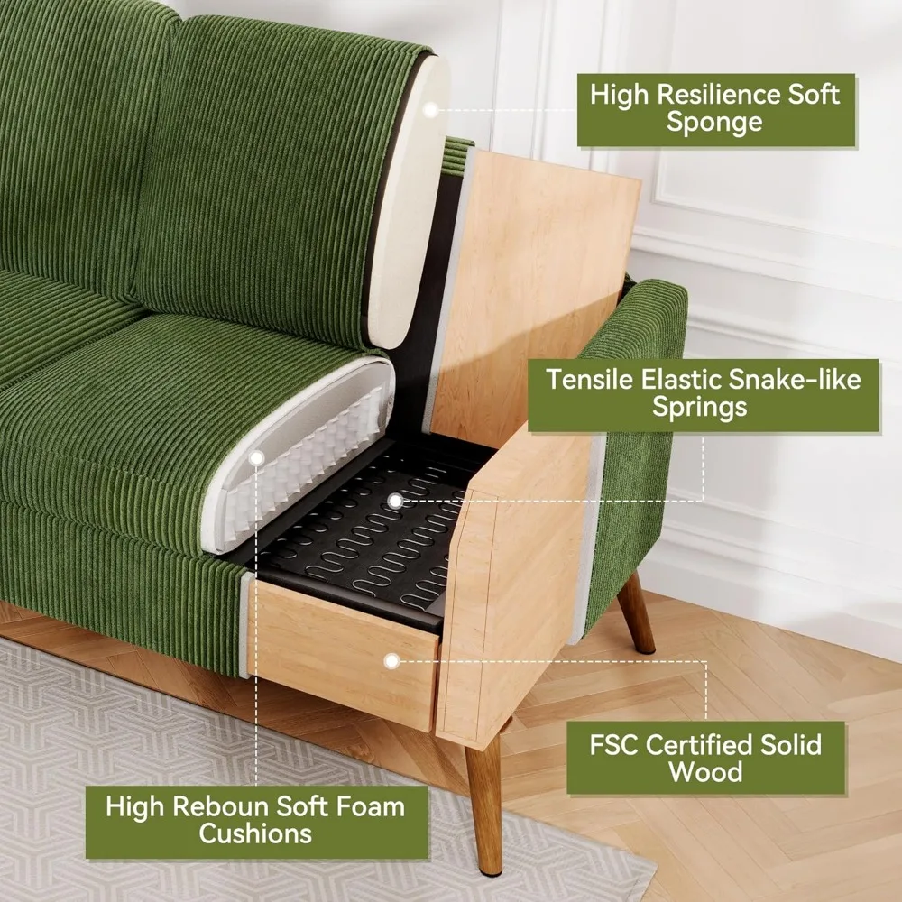 Современный зеленый вельветовый двухместный диван середины века — удобный диван 68 для гостиной, сборка без инструментов, приятный для небольшого пространства