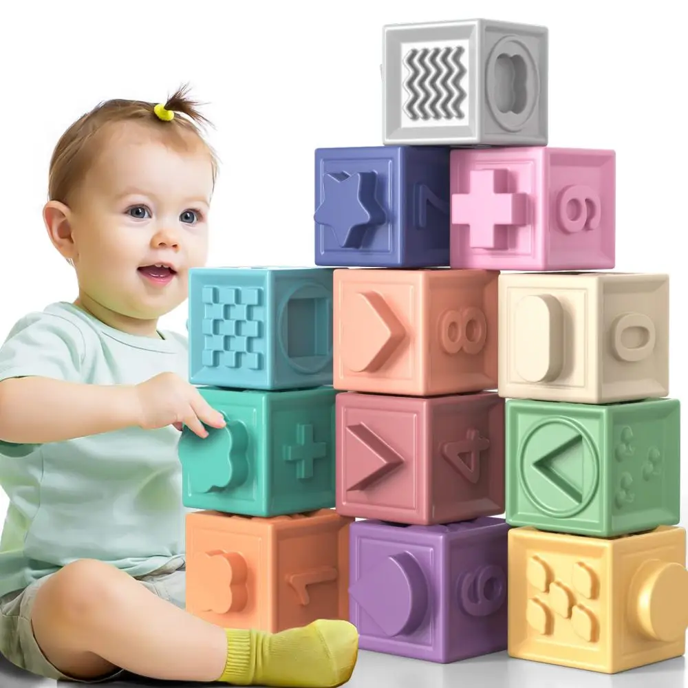 

12PCS Baby Blocks Soft Building Blocks For Baby Montessori Sensory Bath Toy Teethers Squeeze Toddlers Kids Bathing Toys Gifts