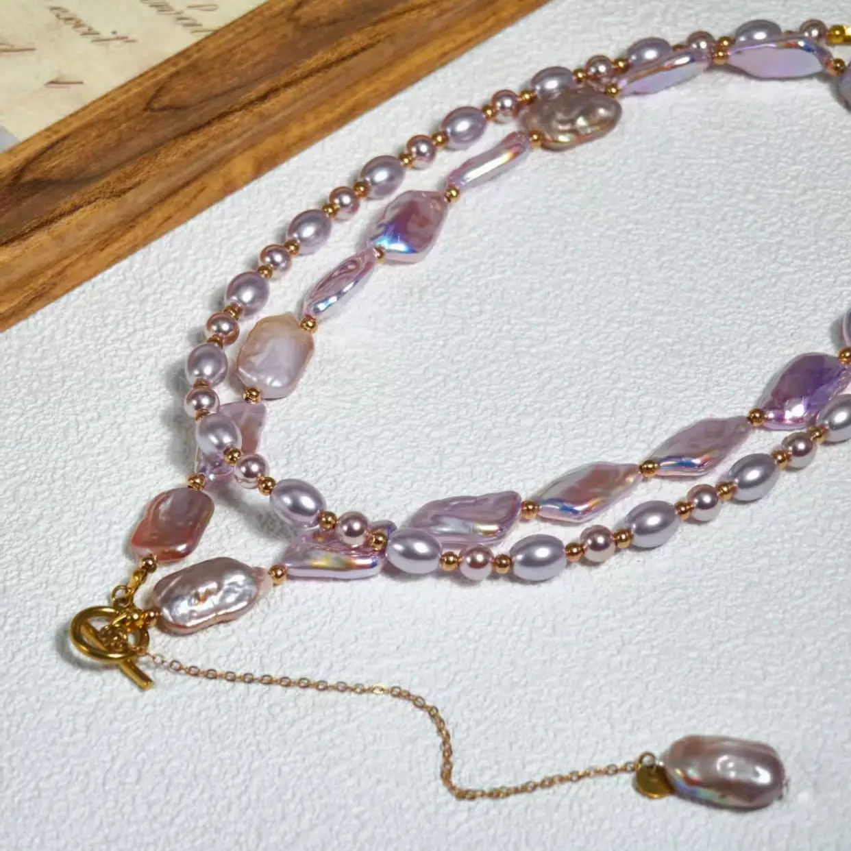 Original Design Purple Heterosexual Baroque Double Layered Stacked Pearl Necklace Fashionable Luxury Design Sense Pearl Necklace