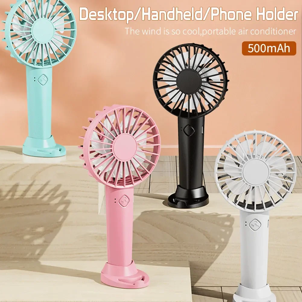 Portable USB Chargeable Mini Fan Handheld Fans with Base Summer Outdoor 3 Speed Adjustable Air Cooling Fan with Phone Holder