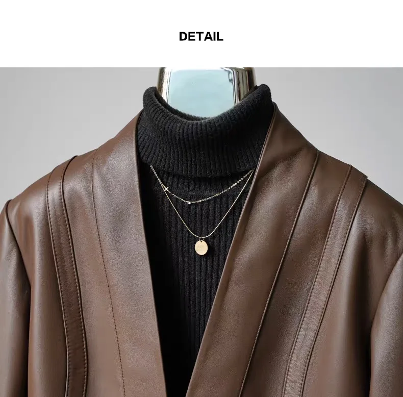 ملابس مستوردة من جلد الغنم أوشحة جلدية حقيقية سترة نسائية برقبة على شكل حرف v سترة طويلة متوسطة غير رسمية مع وشاح Abrigo Mujer