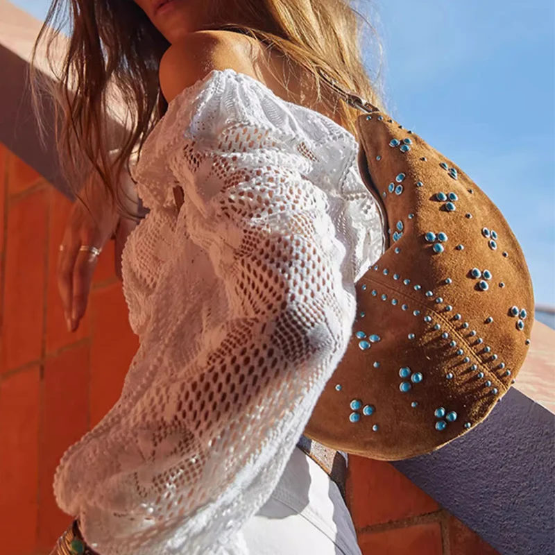 

Vintage Rivet Halfmoon Women Shoulder Bags Designer Faux Suede Underarm Bag Luxury Shoulder Crossbody Bag Bohemian Handbags 2025
