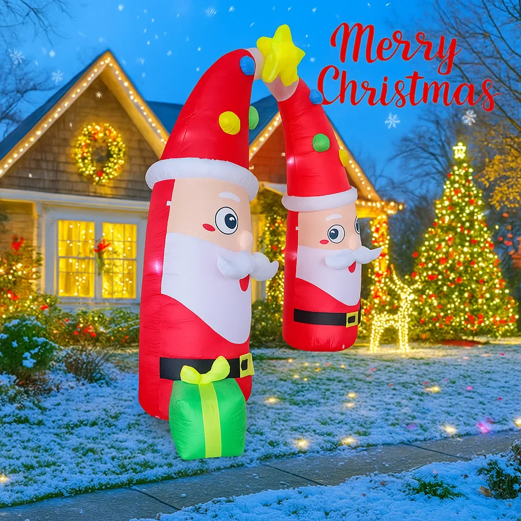8.8FT Inflatable Christmas Toy Santa Archway Decoration Xmas Yard Decor LED Star Boxes Double Santa Design Yard Decorations
