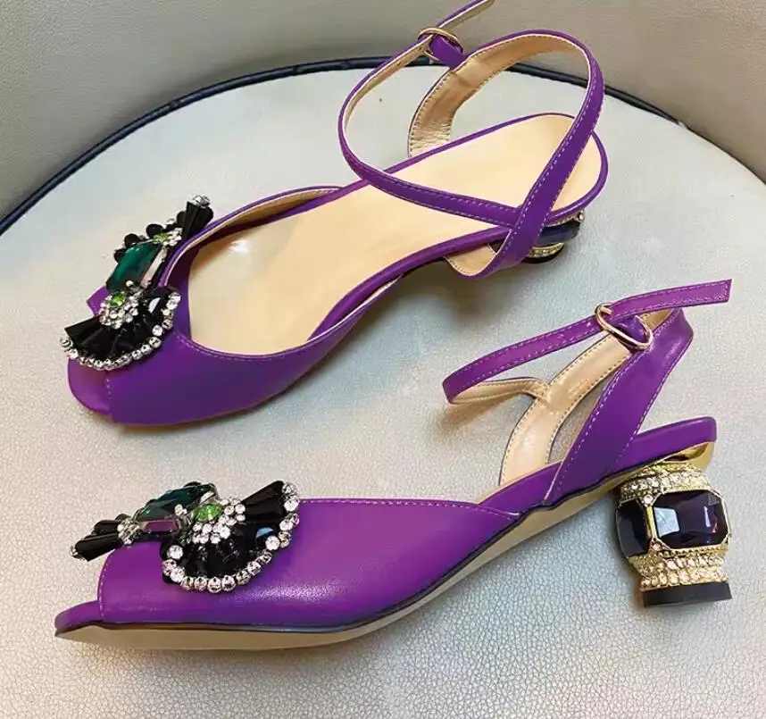

Gem Chunky High Heeled Purple Leather Open Toe Sandals Women's Summer Shoes High Heels Party Show Shoes