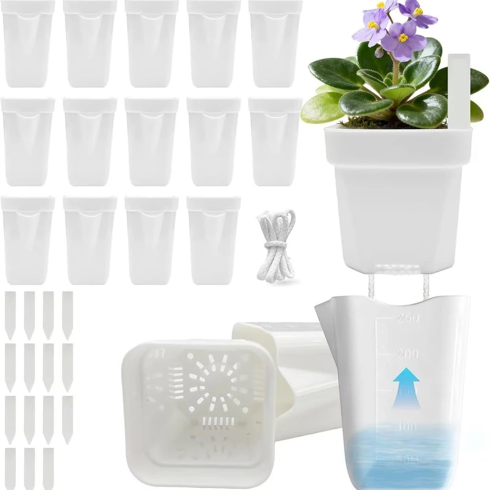 10/16pcs Small Self Watering Pots Flower Pots With Drainage Holes Plant Labels Wicks For African Violets Hoyas Indoor Plant