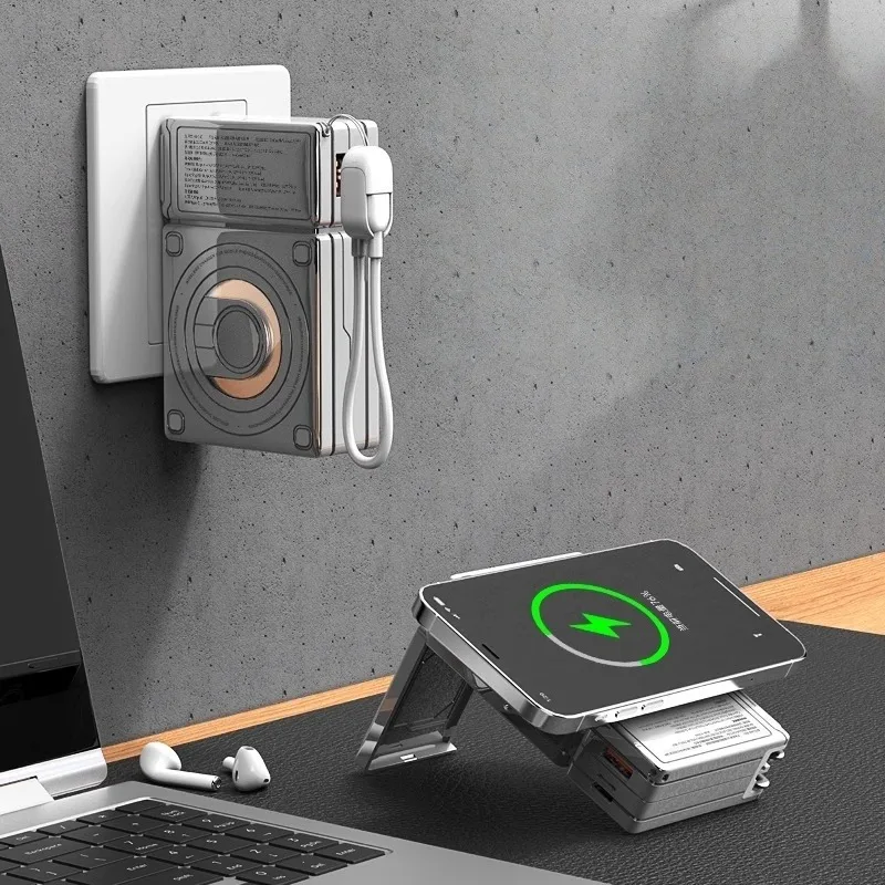 22.5W 10000mAh 3C-certified Power Bank with Built-in Cable Plug Air-travel Approved Wireless Fast-charging Portable Charger