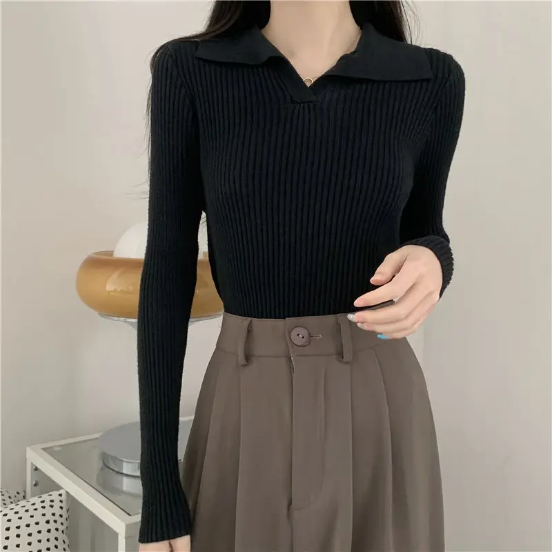 Autumn Winter Women Lapel Pullover Sweaters Basic Long Sleeve Knitted Sweater for Woman Solid Color Jersey Tops Clothes Mujer