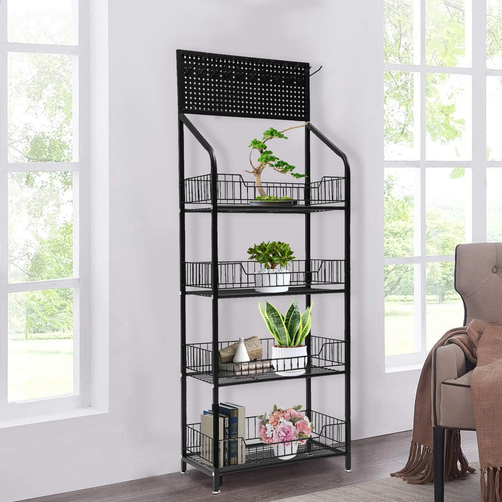 [Retail Display Rack] 4-Tier Metal Stand Storage Shelf - For Fruit Vegetable Snack - Sturdy Ample Space