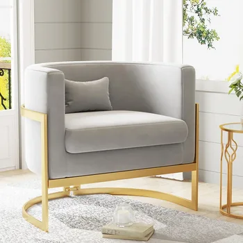 Image Velvet Accent Chair, Modern Barrel Chair Upholstered Armchair for Living Room Bedroom Single Sofa Chair Club Chairs Gray