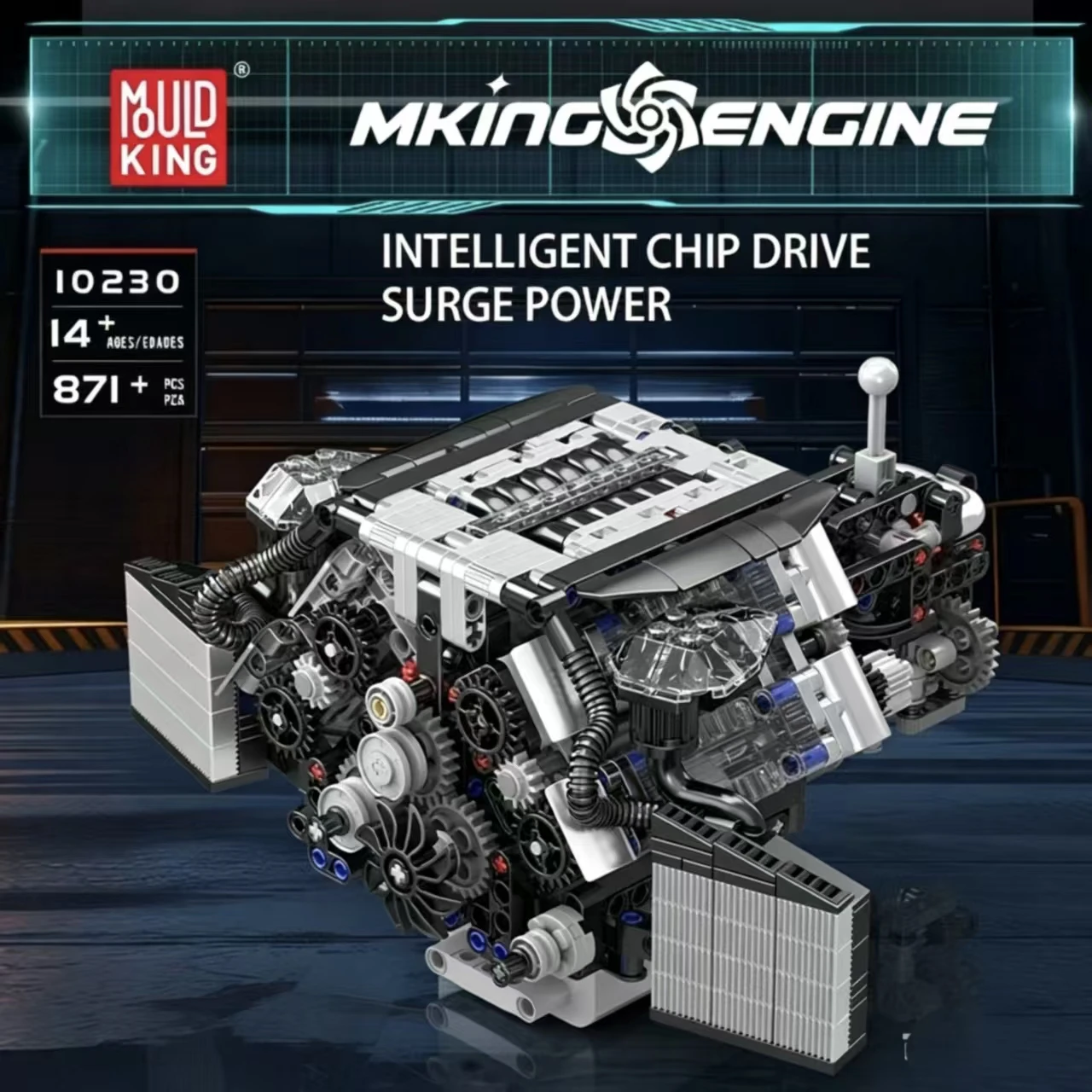 MOULD KING 10230 V12 Engine Building Blocks, 871Pcs Intelligent Chip Drive Technical Engine Model, DIY Mechanical Toy for Adults