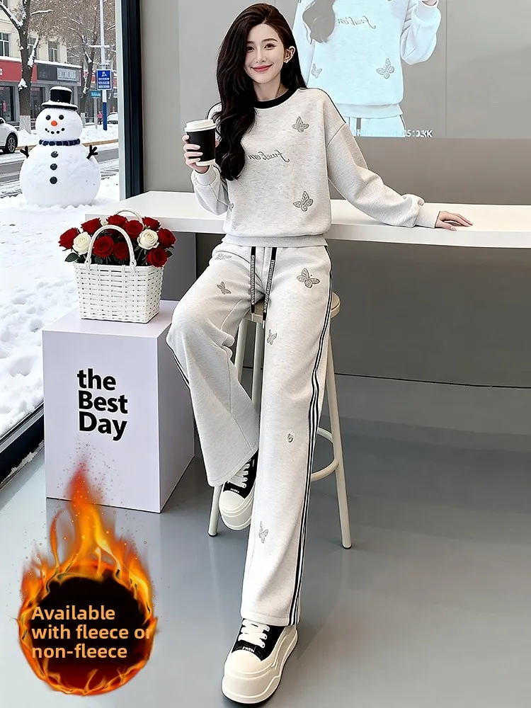 

Ретро-костюм в гонконгском стиле для женщин: зимний комплект из флисовой толстовки с длинным рукавом и круглым вырезом и серых широких брюк, два предмета