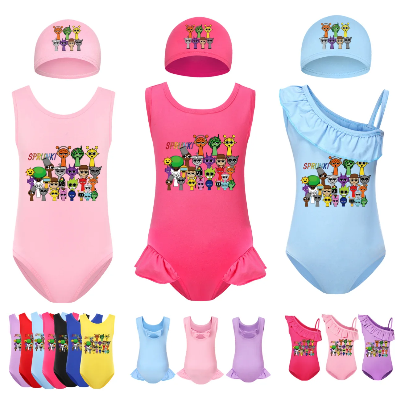 Baby sprunki Swimwear Kids Game Incredibox One Piece BeachWear Child Swimming Suit Toddler Girls Cartoon Swimsuit+cap 2pcs Sets