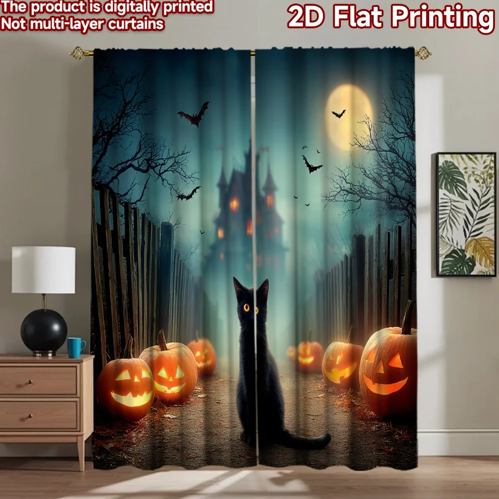 

2D flat printing 2pcs Drapes Black Cat Halloween Pumpkins Digital Printed Polyester Drapes Seasonal Party & Holiday Decor for