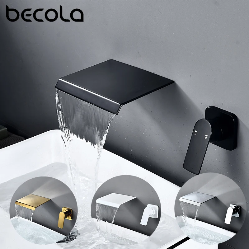 

Becola Matte Black/Chrome Bathroom Faucet Wall Mounted Waterfall Sink Faucets Washing Basin Taps Hot & Cold Out Water Mixer Tap