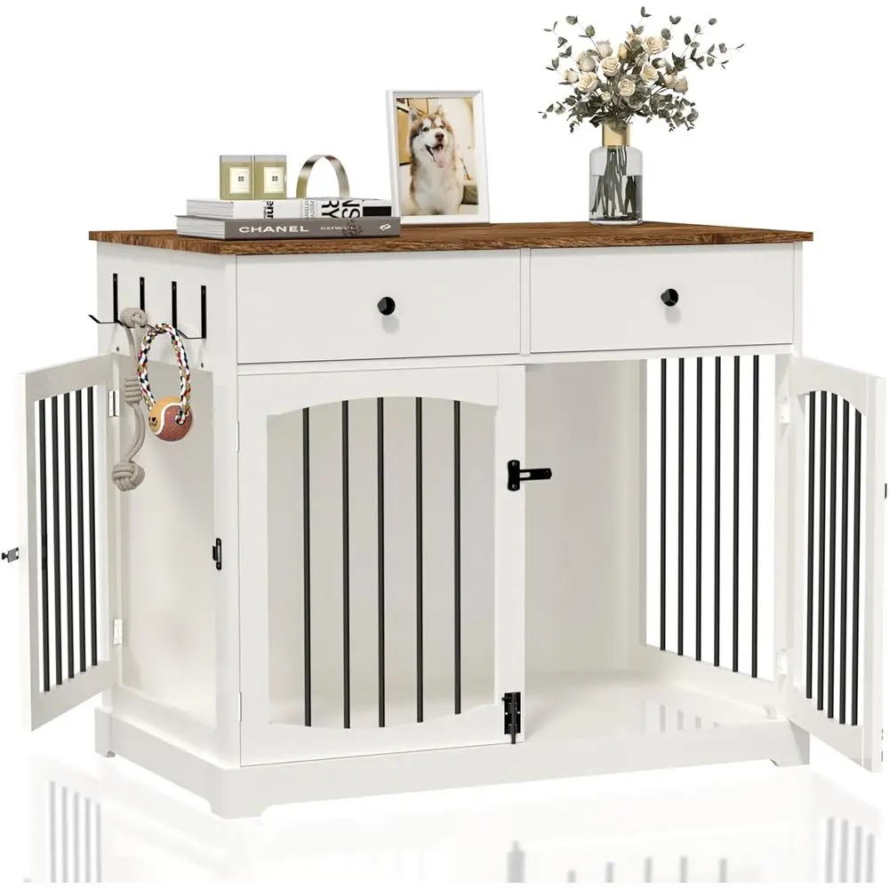 

40 Inch Wooden Dog Kennel with Double Doors - Decorative Pet Crate End Table for Indoor Use, Suitable for Small to Large Dogs, W