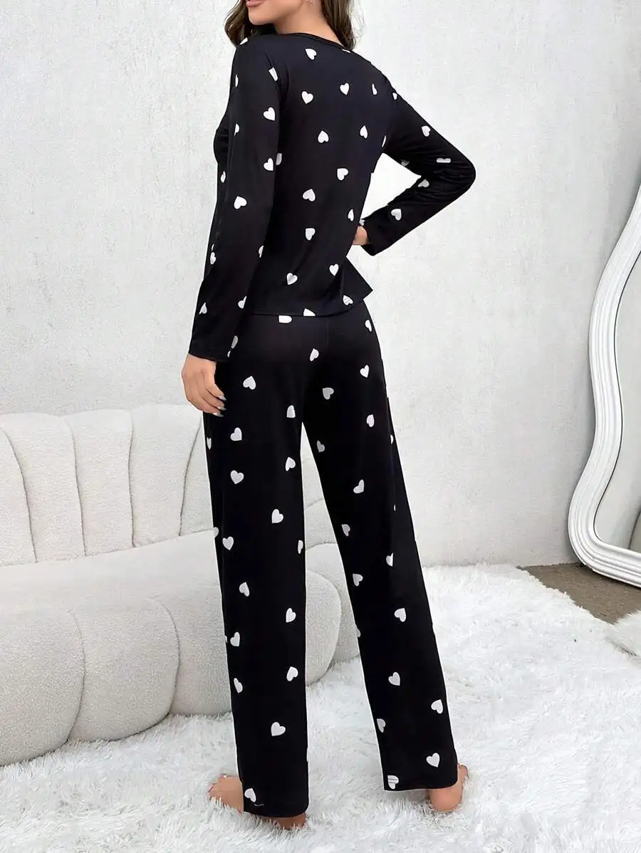 Damen-Pyjama, lässig, Liebesdruck, Rundhalsausschnitt, lange Ärmel, lange Hosen, Herbst und Winter, bequemes Set, Mädchen-Nachtwäsche, Homewear – Detail 3