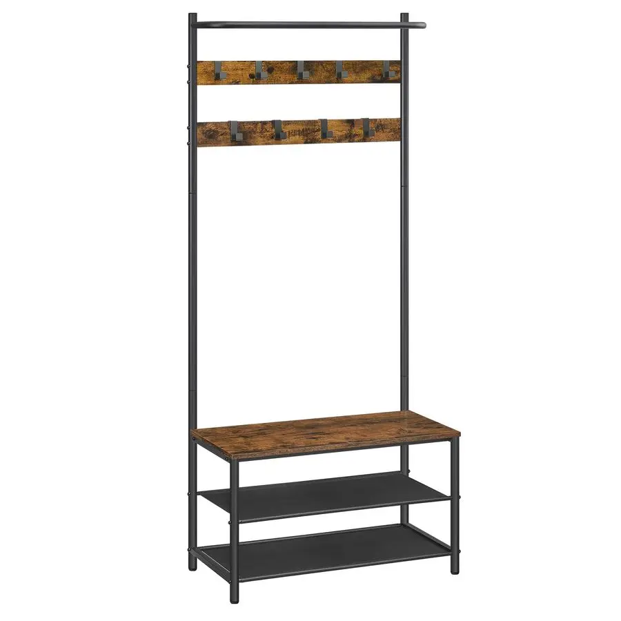 

Hall Tree with Bench and Shoe Storage, Entryway Bench with Coat Rack Stand and Shoe Rack, 9 Movable Hooks, Top Bar, Fabric Shelv