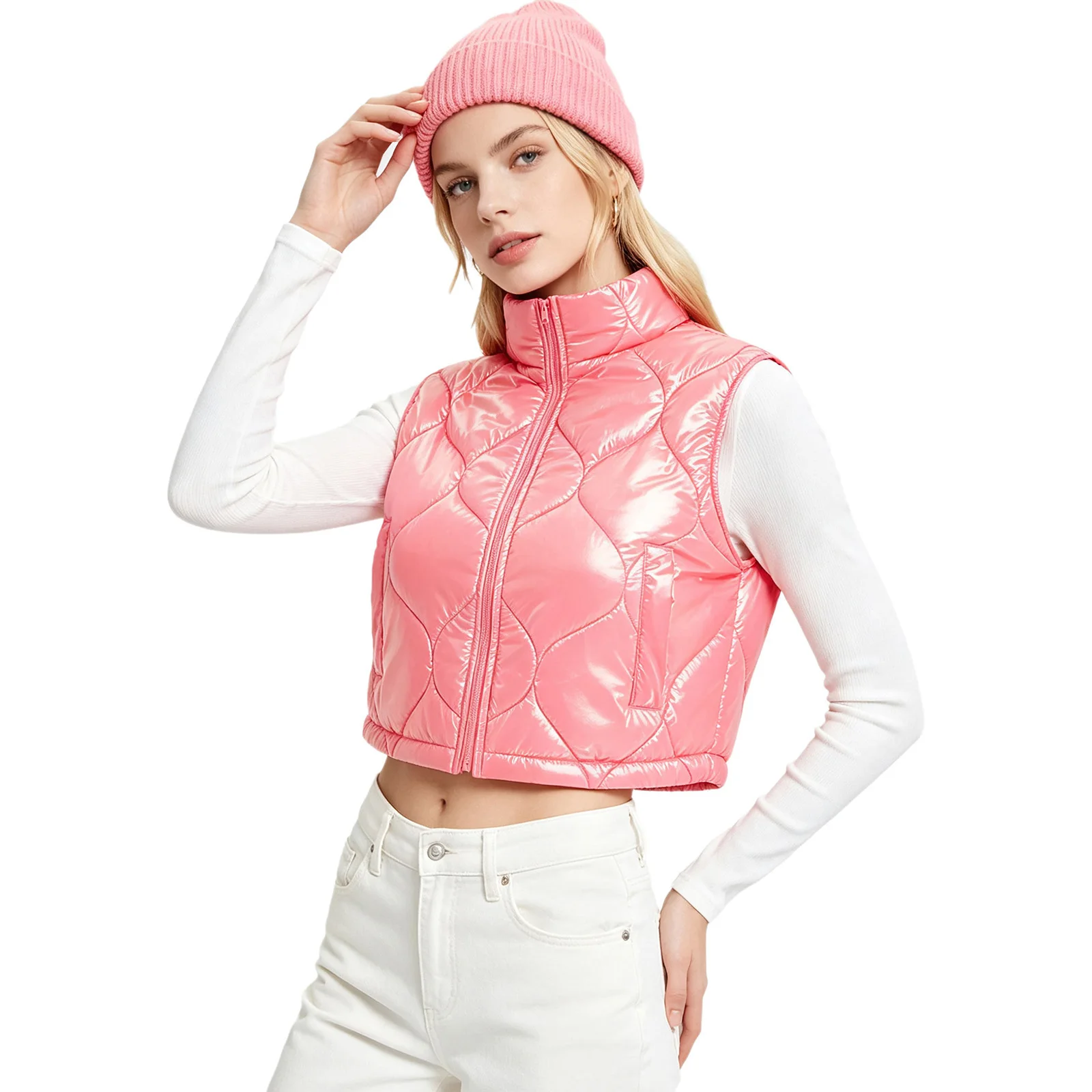 Women Warm Quilted Puffer Crop Vest Padded Jacket Stand Collar Zip-up Tank Top for Winter Sports Skiing Cycling Hiking Running