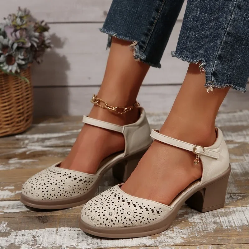 

Женские туфли на высоком каблуке с ремешком на щиколотке, лето 202, дышащие женские удобные туфли Мэри Джейн на массивном каблуке Baotou