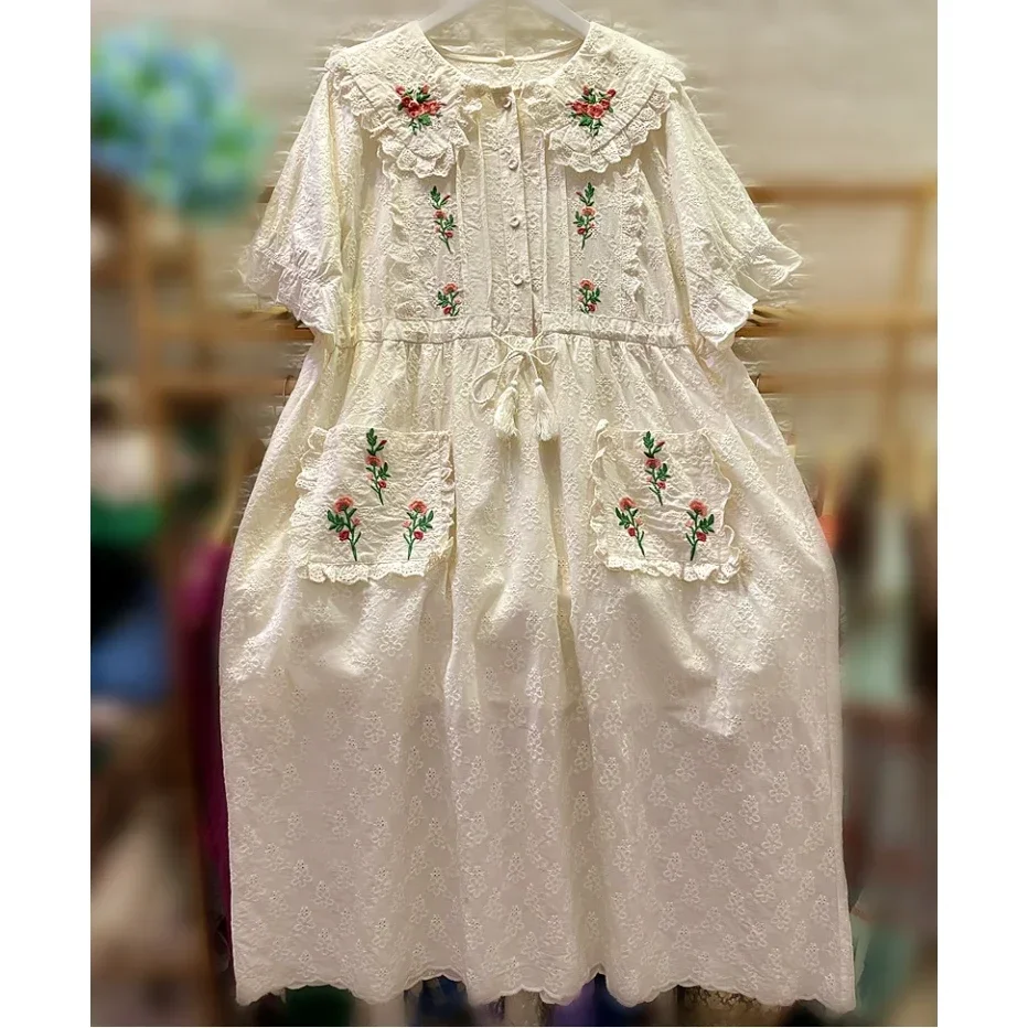 Women Cottagecore Cotton Floral Embroidery Lace Midi Dress Sweet Rococo Victorian Lolita Evening Birthday White Long Tunic Dress