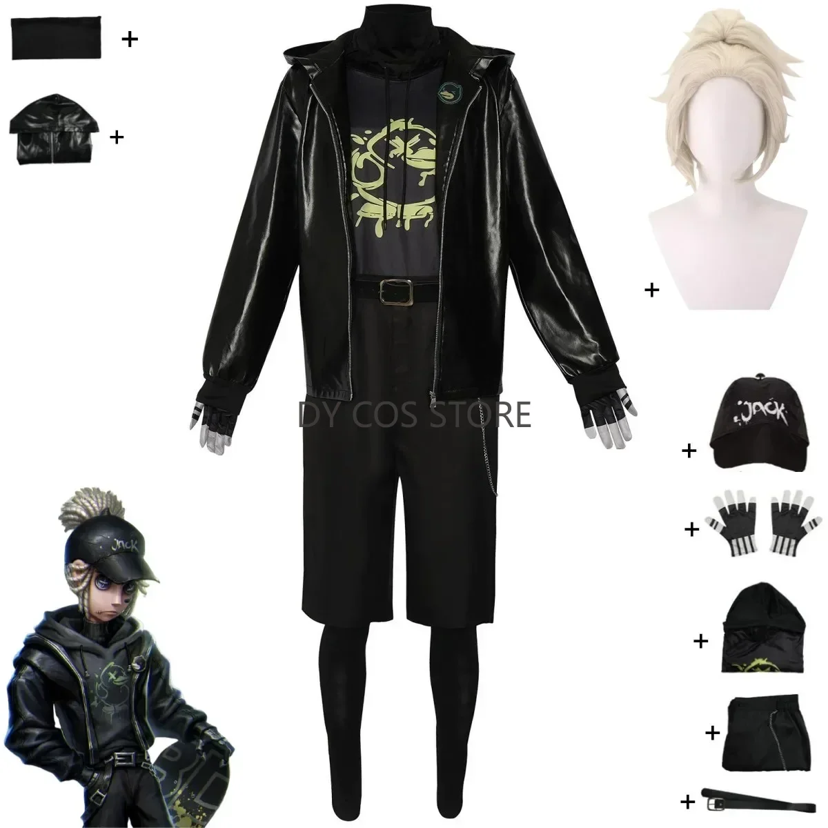 

Game Identity ⅤNaib Subedar Mercenary Cosplay Costume B.Duck Black Hooded PU Coat Athletic Wear Wig Man Halloween PartySuit