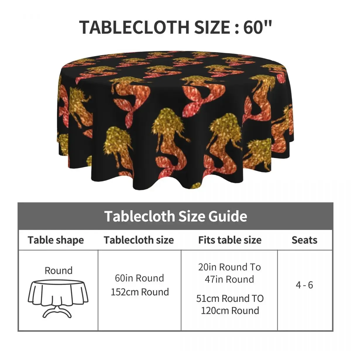 Cute Mermaid Tablecloth Ombre Sparkles Print Protector Round Table Cover Funny Pattern Table Cloth For Wedding Birthday Party