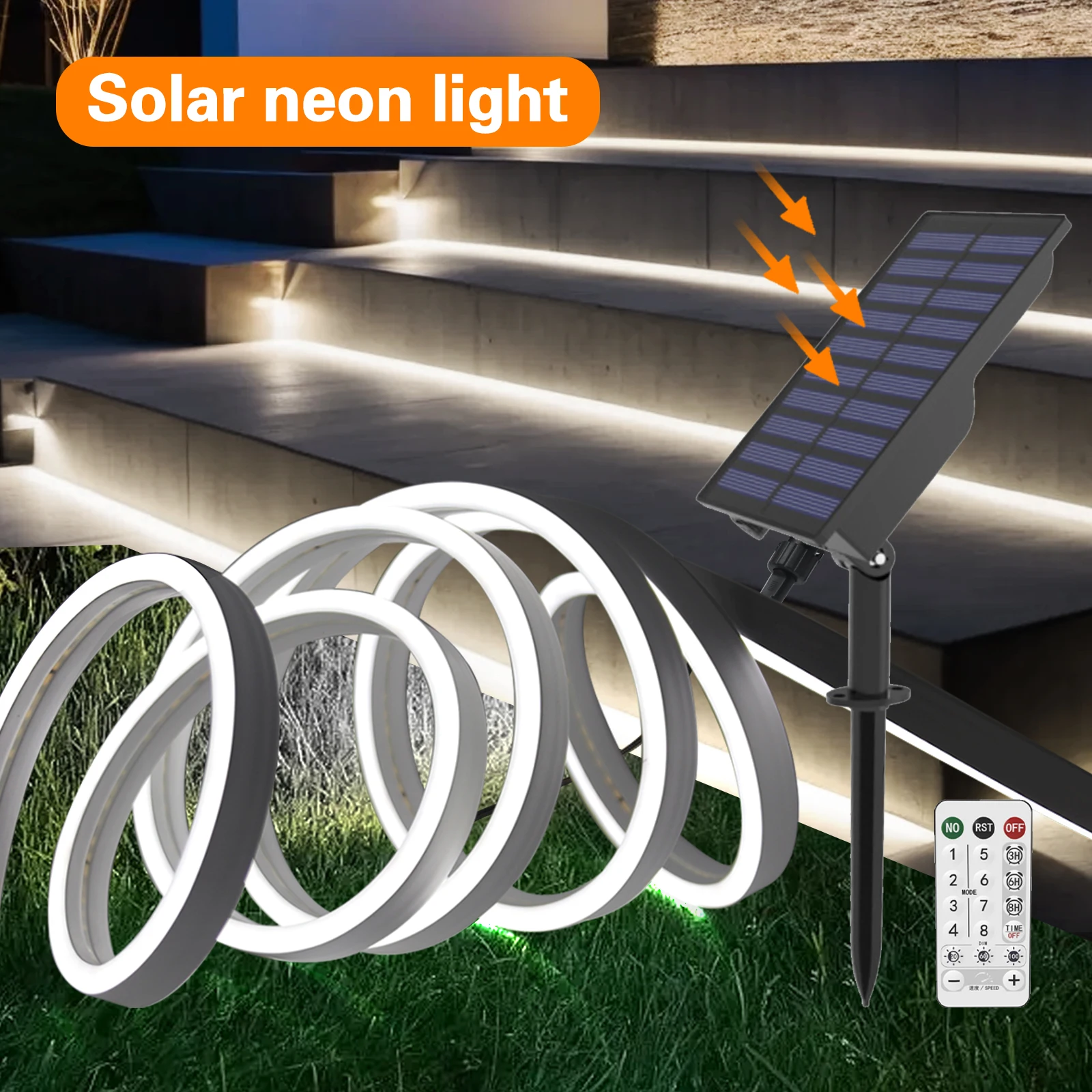 Solar Power LED Strip with Remote 24V Flexible Neon Sign Waterproof Outdoor LED Tape for Garden Decoration 0.5-10m