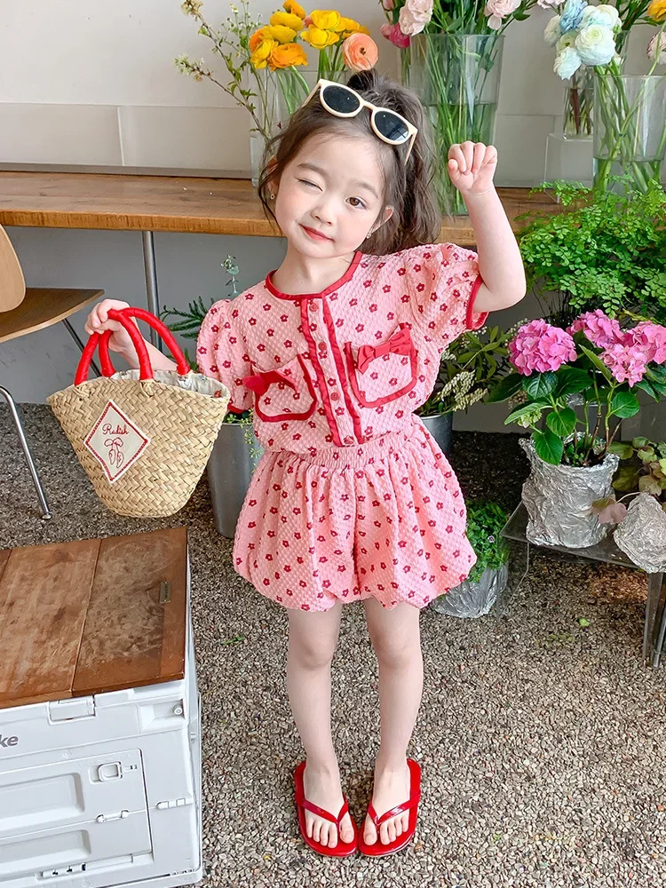 Children Girls Summer Fashion Clothing Set 2023 Baby Girl Bowknot Floral Blouse Tops + Shorts Two-piece Clothes Suits