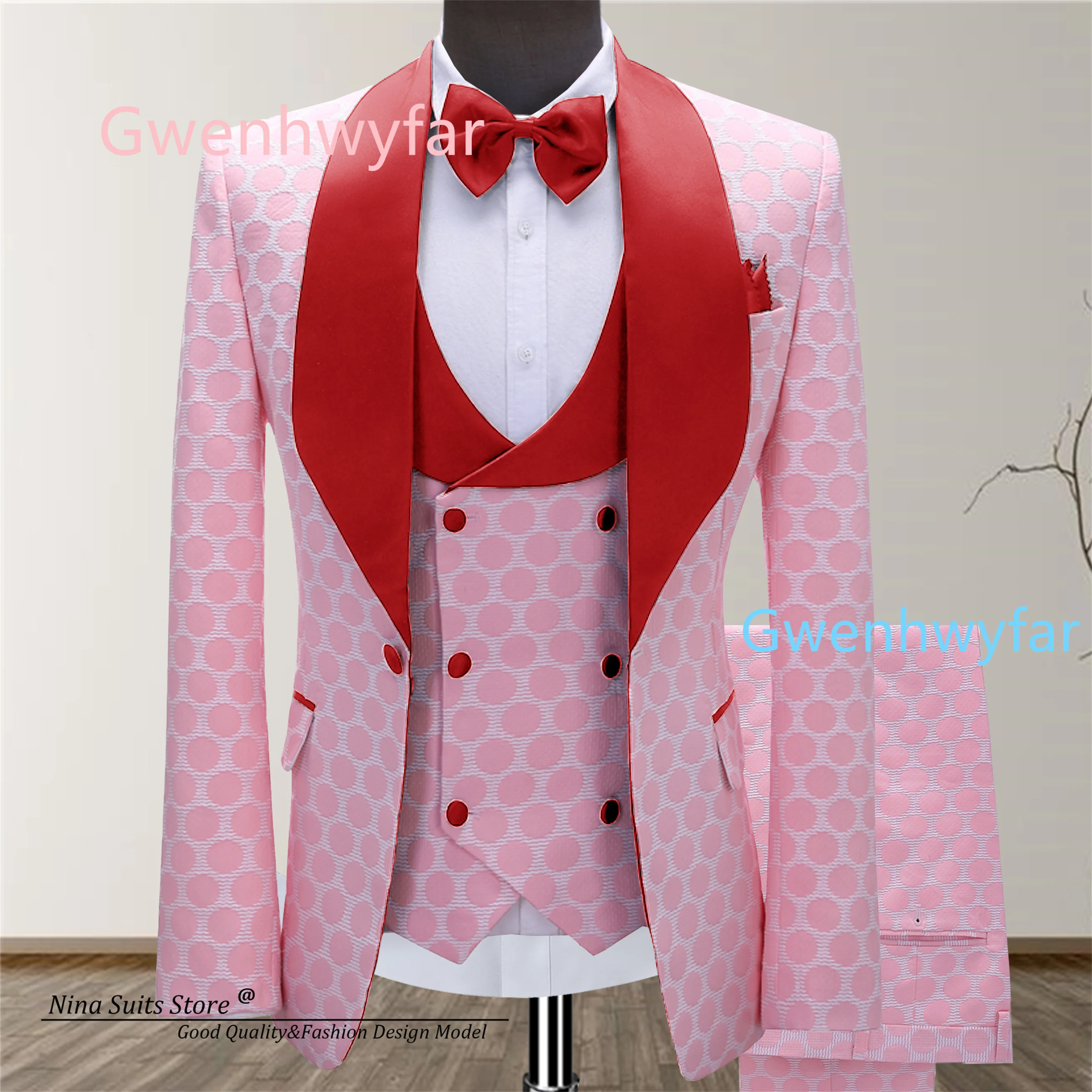 

Gwenhwyfar 2026 Customized Pink Dot Jacquard Suit 3-Piece Set for Men's Evening Party Wedding Set Including Coat, Pants, Vest