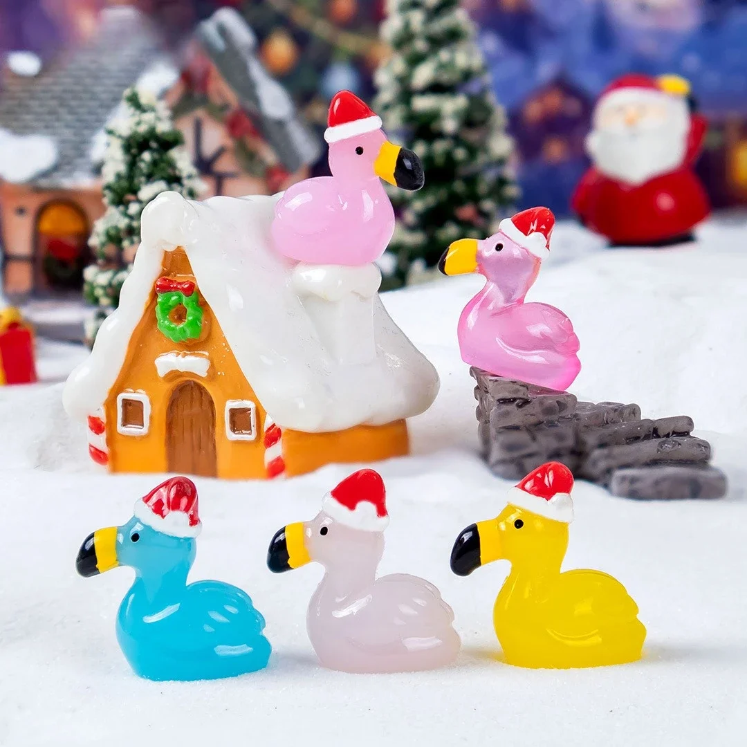 50pcs Luminous Flamingo Ornaments Micro Landscape Christmas DIY Resin Garden Decoration Outdoor Lawn Yard Garden Accessories