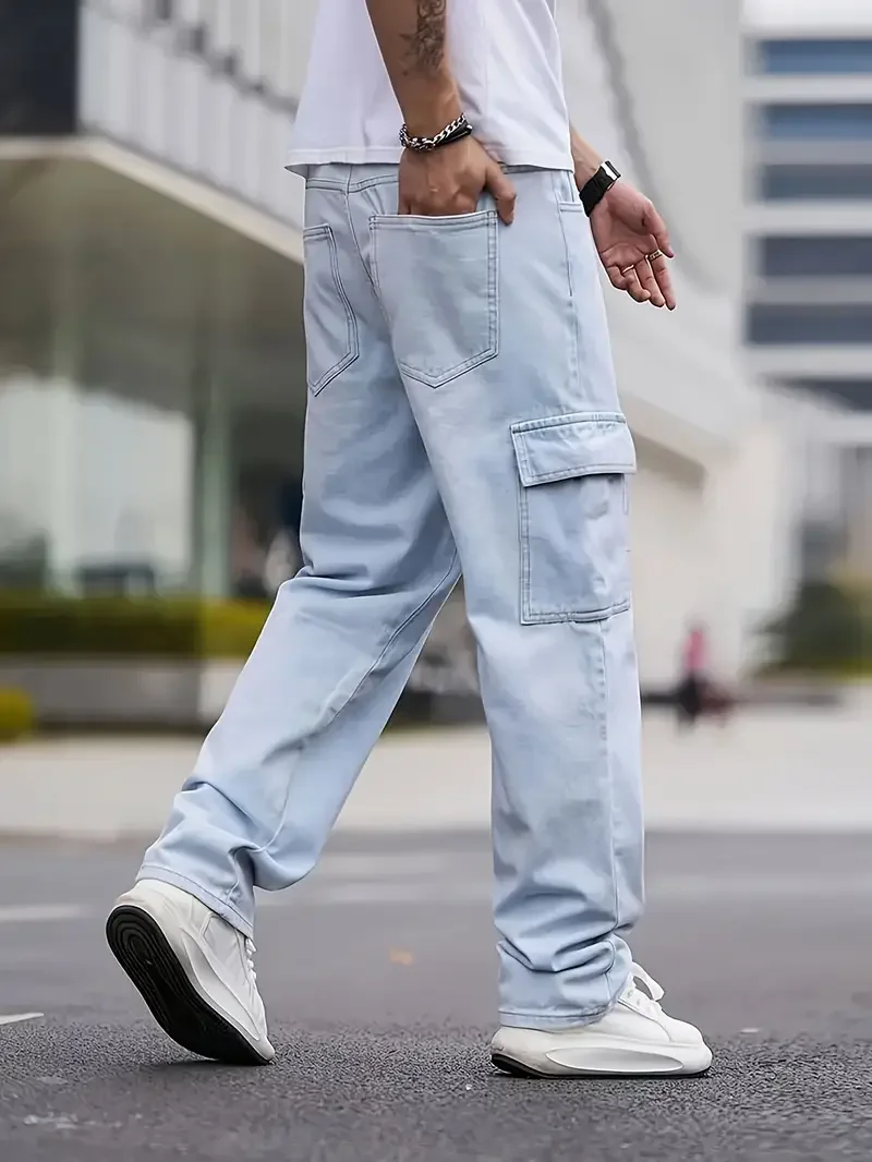 Men's Fashion Street Style Cropped Jeans, Cotton Blend, Non-Stretch, Solid Color, Loose Fit, Washed Denim, with Woven Fabric for