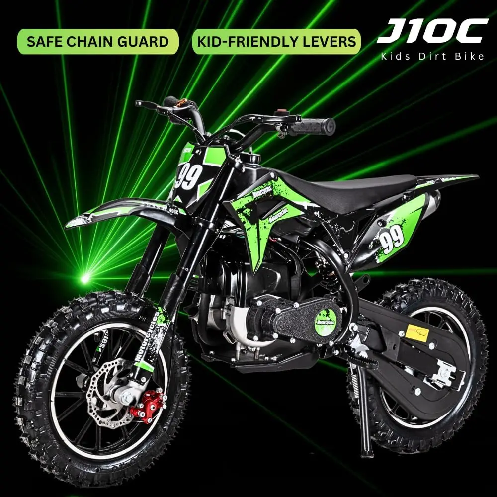 Mini motocykl crossowy dla dzieci, 40 cm3, benzynowy, 4-suwowy pit bike, podwójne hamulce tarczowe i zawieszenie, opony terenowe 10 cali, bezpieczna osłona łańcucha, Pure G
