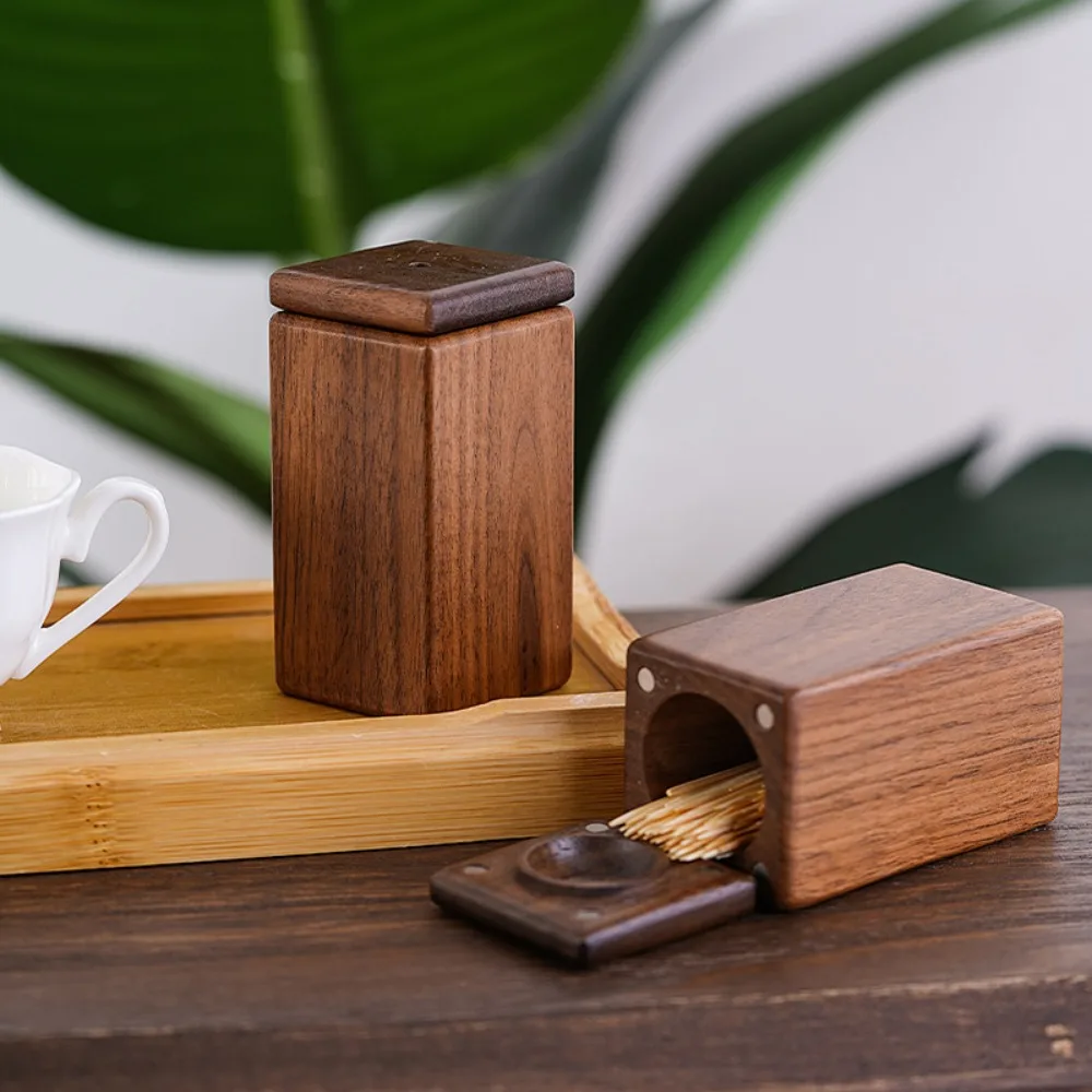 Magnetic Adsorption Black Walnut Wood Toothpick Box with Lid Square Toothpick Holder High-end Nordic