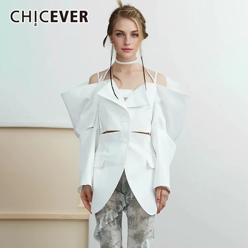 

CHICEVER Hollow Out Blazer For Women V Neck Long Sleeve Off Shoulder Patchwork Lace Up Soild Loose Blazer Female Fashion Clothes