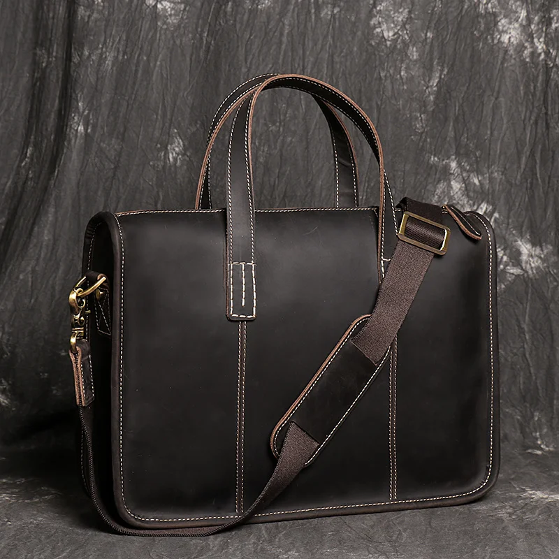 Men\'s Genuine Leather Briefcase Messenger Bag 14 Inch Laptop Bag Male Dark Brown Office Business Bag Executive Briefcase