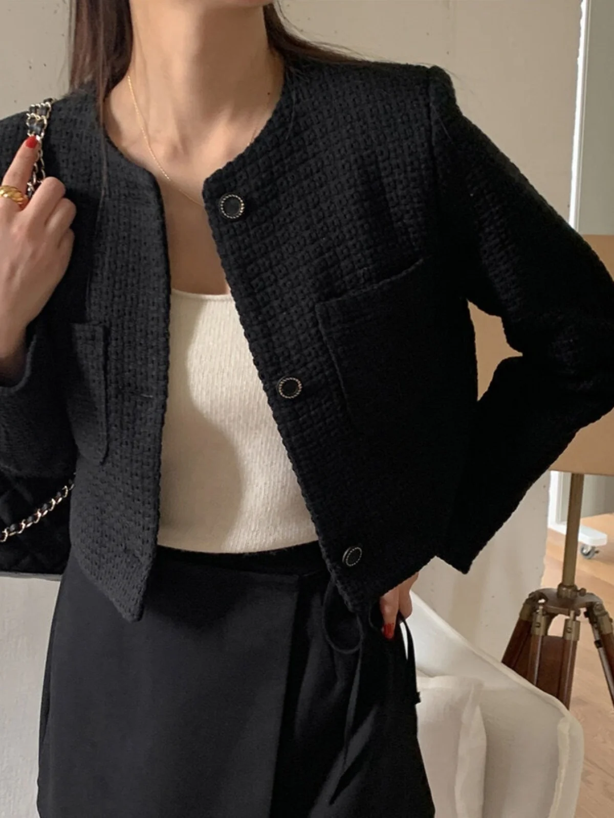 เสื้อโค้ทผู้หญิงสไตล์เกาหลี แขนยาว ทรงวินเทจ ติดกระดุม ผ้าโพลีเอสเตอร์ สำหรับใส่ทำงาน