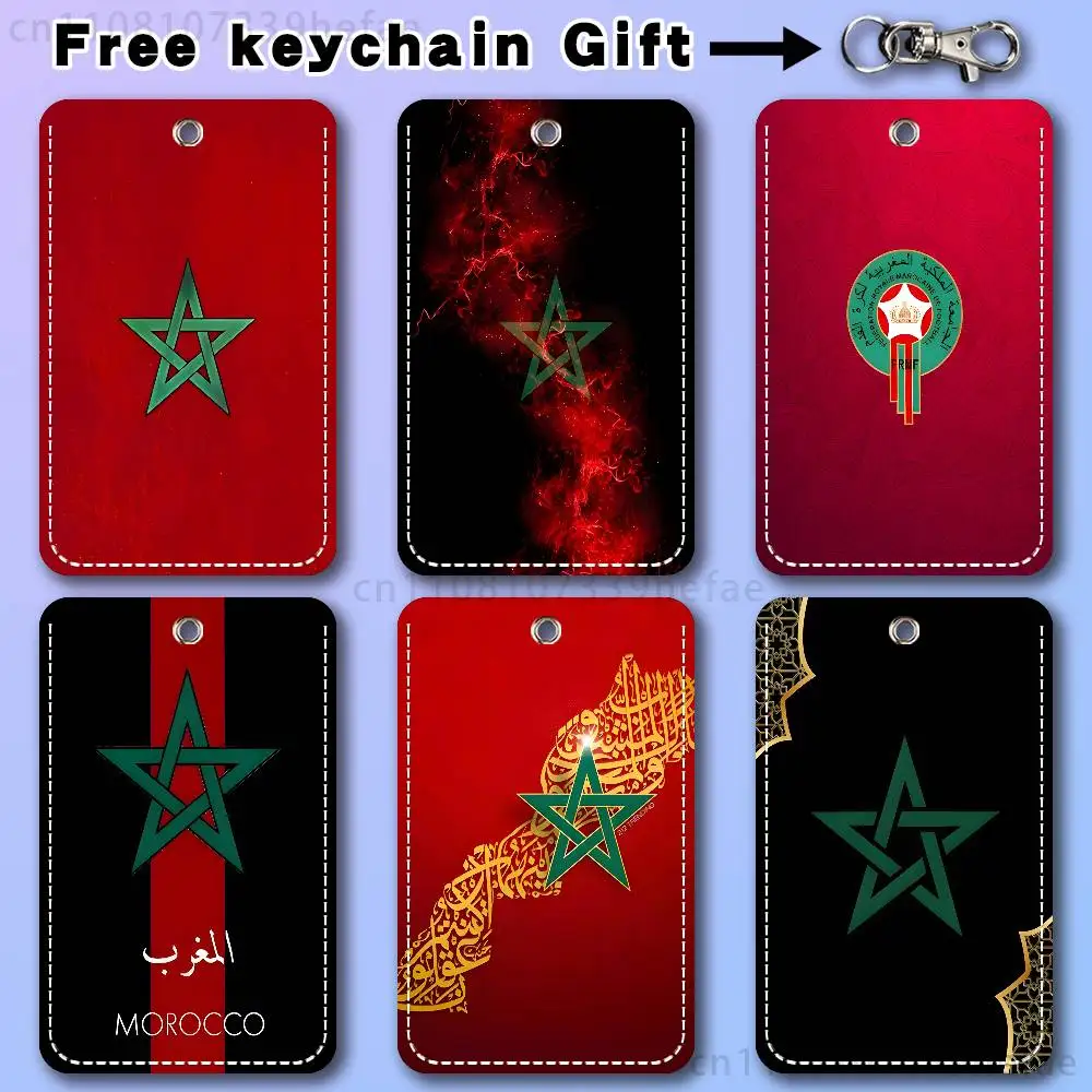 

M-Morocco Flag Pattern 1Pc PU Leather Card Holder Keychain Key Ring Door Lock Access Tags ID Card Case Keychain Card