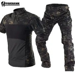 Waterproof Training Set Mens Tactical Camo Patchwork T-shirt+Durable Multi Pockets Overalls Combat Uniform Summer Hunting Suit