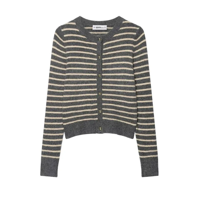 

Horizontal Stripes Pattern Button Knitted Sweater Cardigan Fashion O-Neck Autumn Winter Warm Streetwear Office Lady Tops