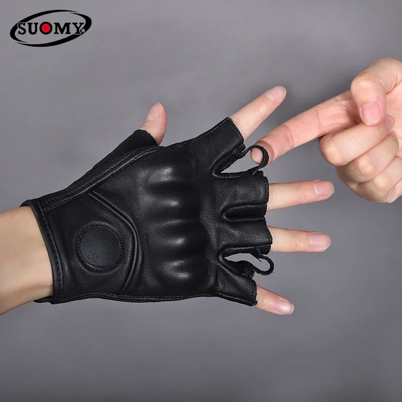 

Summer SUOMY Half Finger Vintage Genuine Leather Sheepskin Fingerless Motorcycle Gloves Guantes Men Women Moto Motocross Gloves