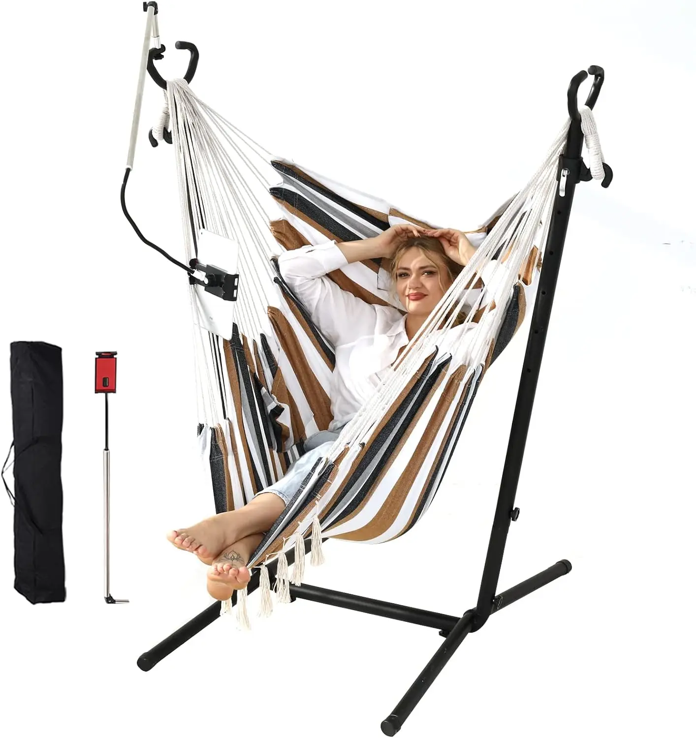 chair with stand double hammock chair bohemian style with tassel mobile phone support manual adjustable swing