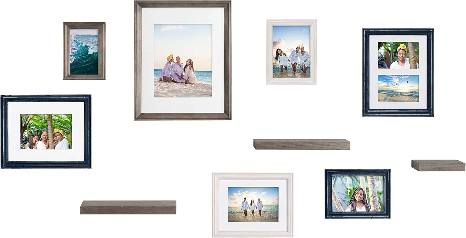 Bordeaux Gallery Wall Frame and Shelf Kit, Set of 10, Multiple Coastal Finishes, Assorted Size Frames and Three Display Shelves