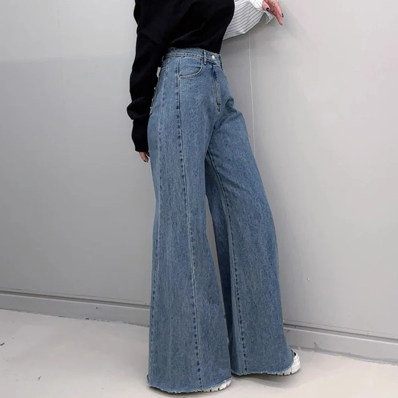 

Женские джинсы с высокой талией и широкими штанинами в стиле ретро, свободного кроя, с бахромой, осенне-зимние, шикарные, длинные, синие, повседневные, модные